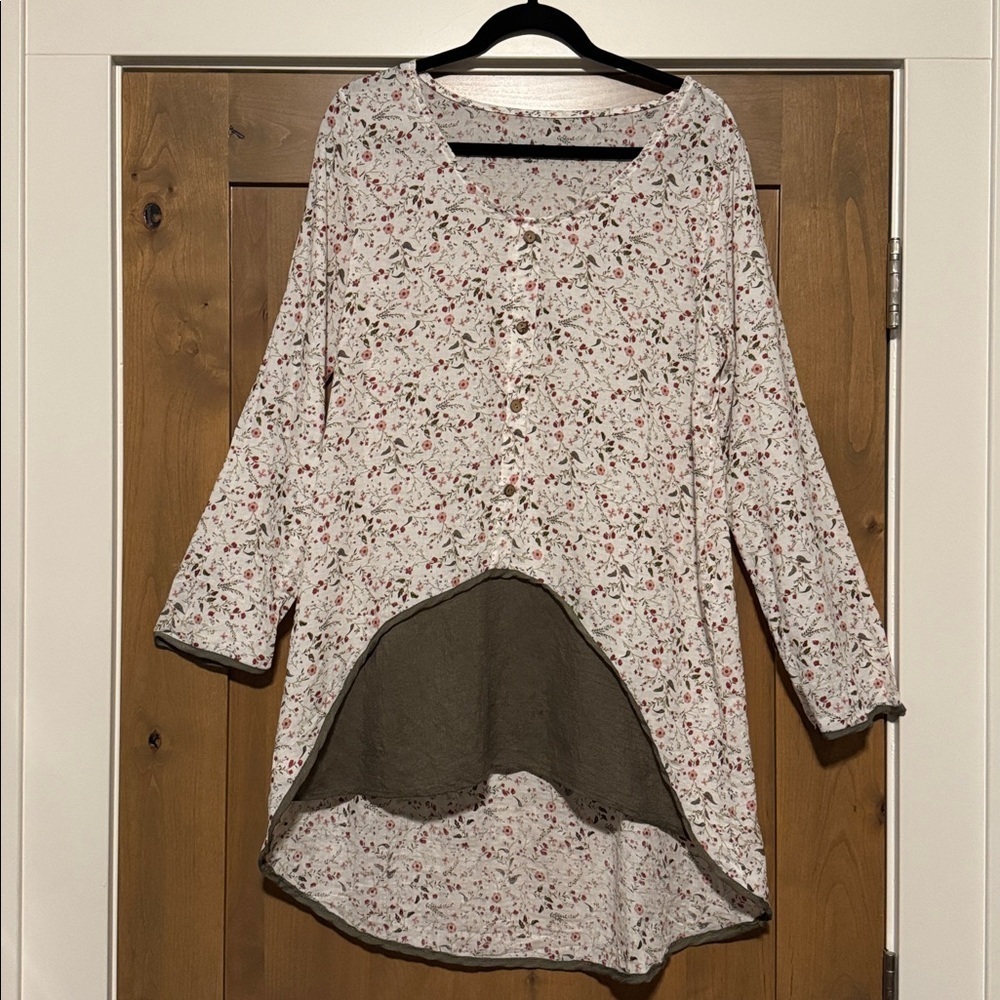 Ditzy Floral Long Sleeve Button Front Tunic Top Womens XL Lagenlook prairie